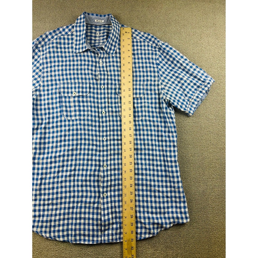 Bugatchi Uomo Shirt Men XL Blue Shaped Fit Check Gingham Linen Short Sleeve - Picture 6 of 9